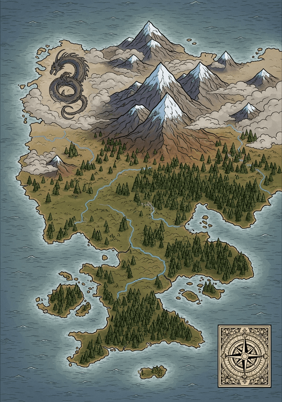 Fantasy világtérkép — sárkánnyal, hegyekkel, erdőkkel és iránytűvel