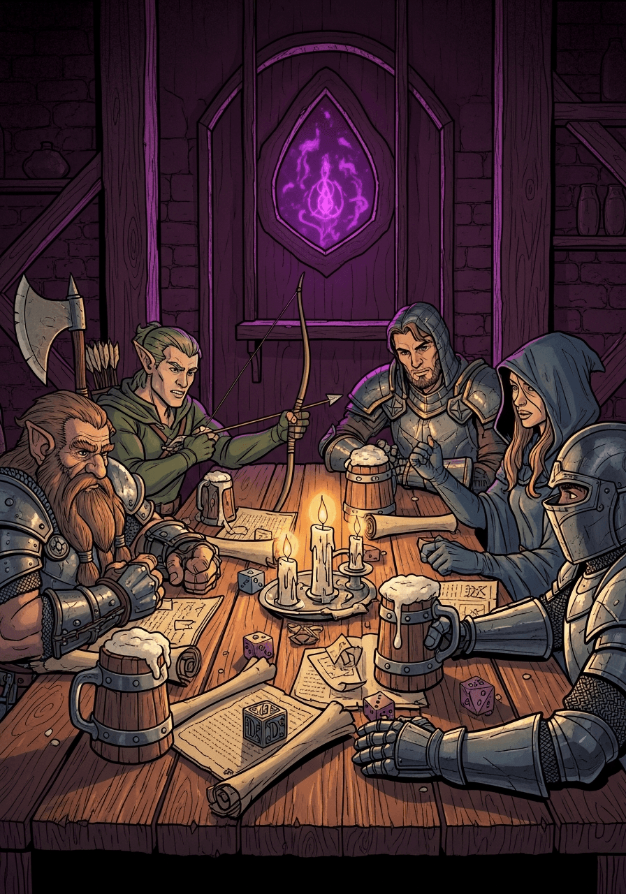 Egy fantasy parti az asztalnál — törpe harcos, elf vadász, paladin és kámzsás varázsló kockákkal, gyertyákkal és tekercsekkel